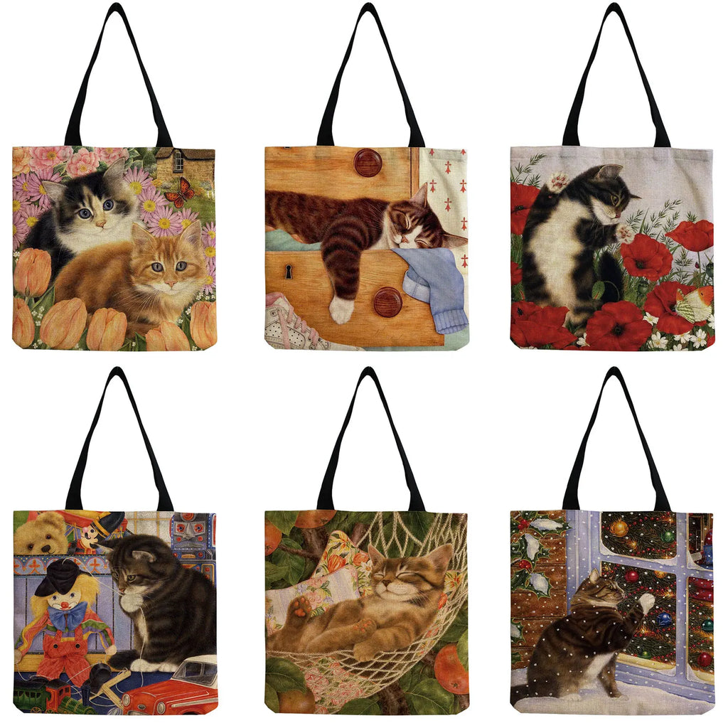Cat Flower Painting Print Tote Bag Women Handbag Large Shoulder Bag