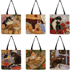 Cat Flower Painting Print Tote Bag Women Handbag Large Shoulder Bag