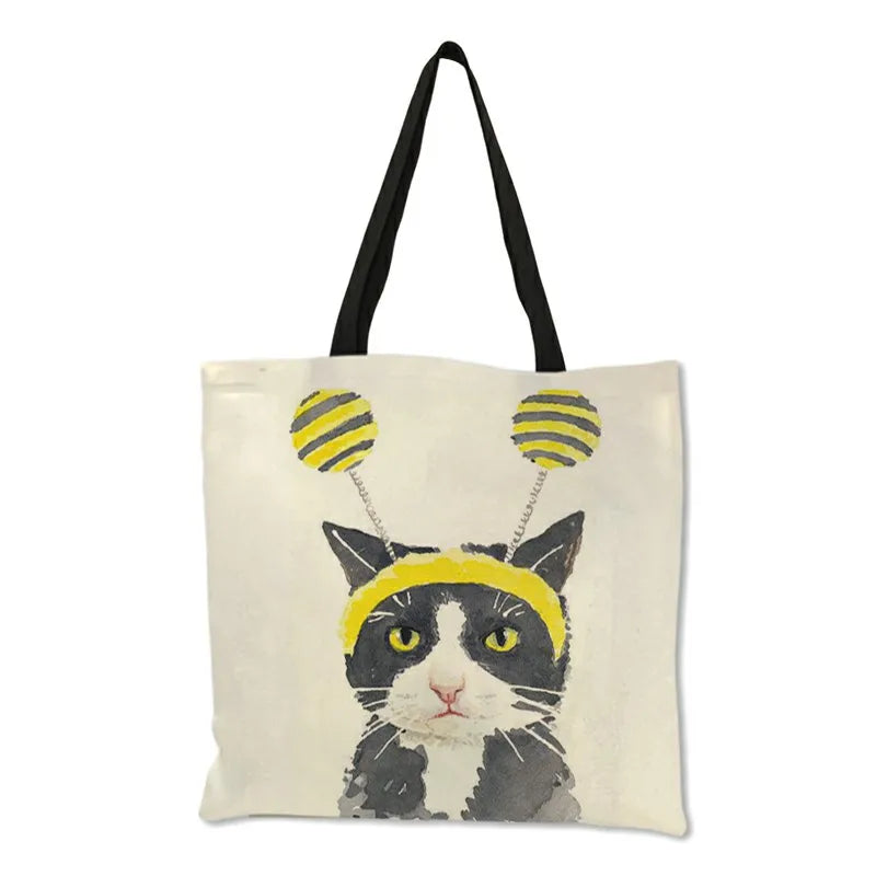 Cat Print Reusable Shopping Bag Women Bags Summer Tote Bag B06034