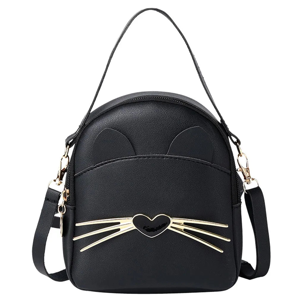 Cat Women Small Backpack Solid PU Leather Multi-function Backpacks Shoulder Bag