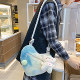 Checkered Pattern Crossbody Bag Plush Love Shape Handbag Soft Fluffy