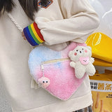 Checkered Pattern Crossbody Bag Plush Love Shape Handbag Soft Fluffy