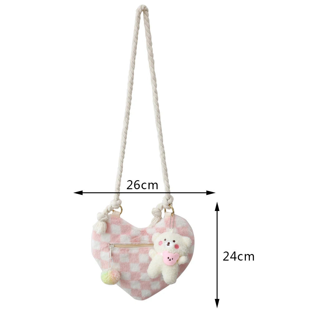 Checkered Pattern Crossbody Bag Plush Love Shape Handbag Soft Fluffy