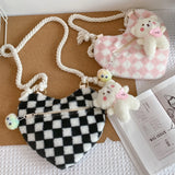 Checkered Pattern Crossbody Bag Plush Love Shape Handbag Soft Fluffy