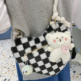Checkered Pattern Crossbody Bag Plush Love Shape Handbag Soft Fluffy