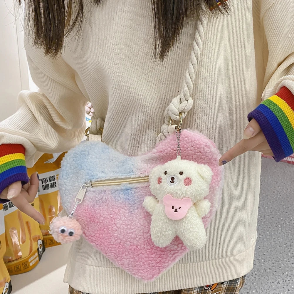 Checkered Pattern Crossbody Bag Plush Love Shape Handbag Soft Fluffy