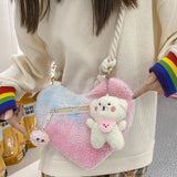 Checkered Pattern Crossbody Bag Plush Love Shape Handbag Soft Fluffy