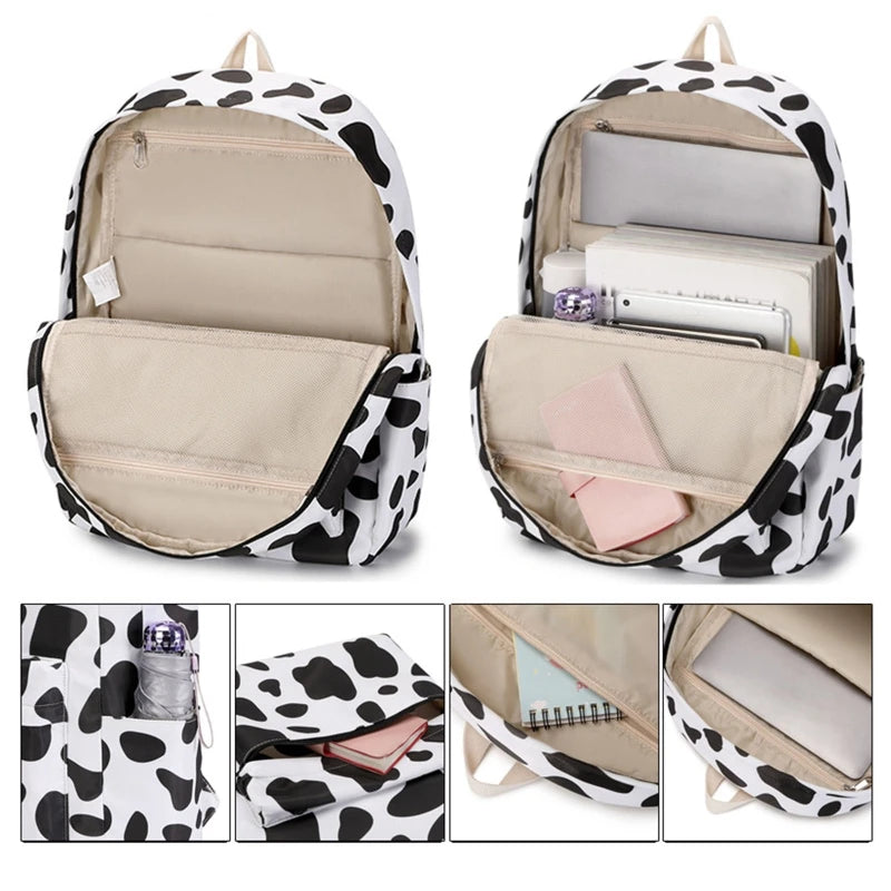 Cow Print School Backpack for Teens Laptop Daypack Set