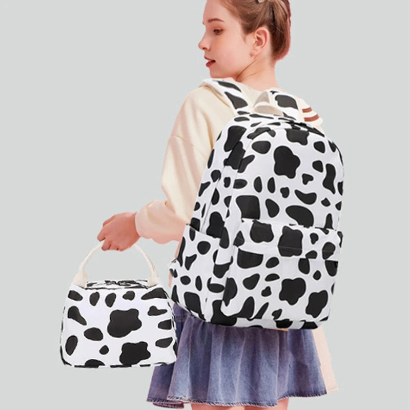 Cow Print School Backpack for Teens Laptop Daypack Set