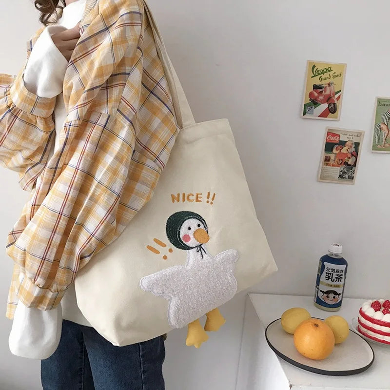Women's Duck Embroidery Canvas Shoulder Bag Student School Tote Handbag