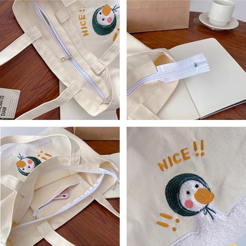 Women's Duck Embroidery Canvas Shoulder Bag Student School Tote Handbag