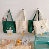 Women's Duck Embroidery Canvas Shoulder Bag Student School Tote Handbag