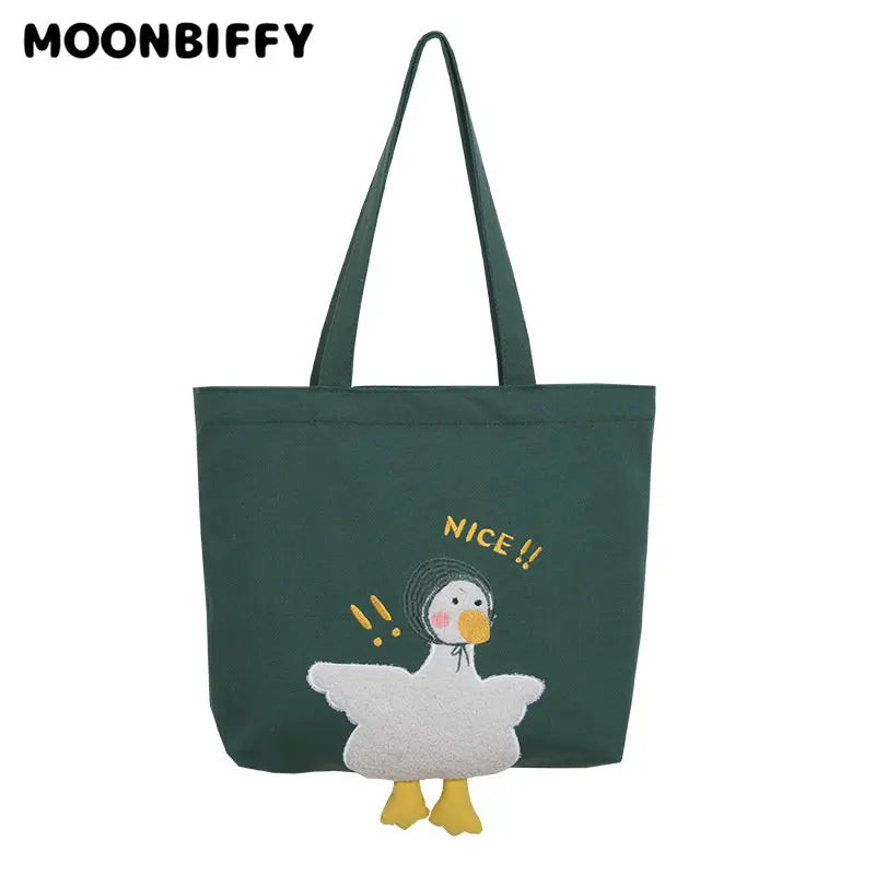 Women's Duck Embroidery Canvas Shoulder Bag Student School Tote Handbag