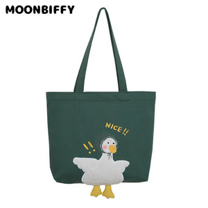 Women's Duck Embroidery Canvas Shoulder Bag Student School Tote Handbag