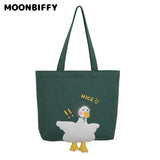 Women's Duck Embroidery Canvas Shoulder Bag Student School Tote Handbag