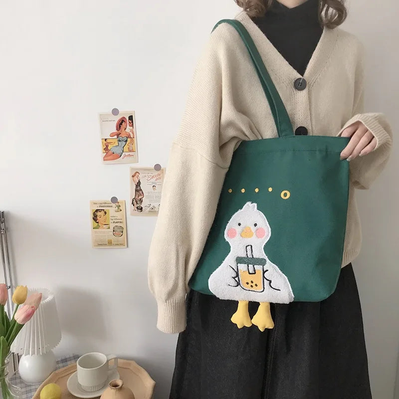 Women's Duck Embroidery Canvas Shoulder Bag Student School Tote Handbag