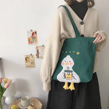 Women's Duck Embroidery Canvas Shoulder Bag Student School Tote Handbag
