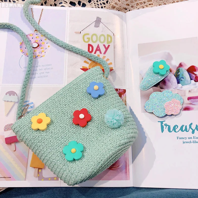 Flower Straw Bucket Bag Women Shoulder Messenger Woven Beach Travel Mini Purse