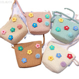 Flower Straw Bucket Bag Women Shoulder Messenger Woven Beach Travel Mini Purse