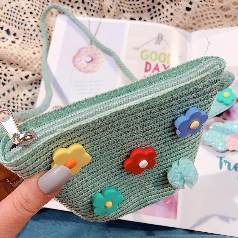 Flower Straw Bucket Bag Women Shoulder Messenger Woven Beach Travel Mini Purse