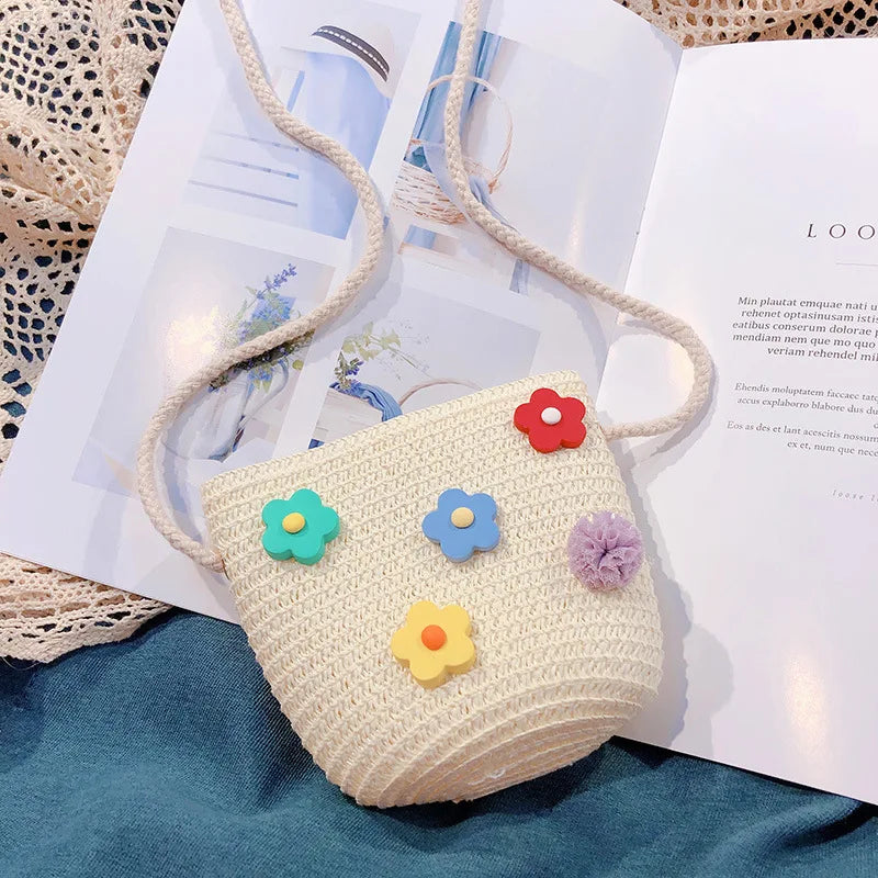 Flower Straw Bucket Bag Women Shoulder Messenger Woven Beach Travel Mini Purse