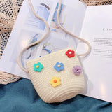 Flower Straw Bucket Bag Women Shoulder Messenger Woven Beach Travel Mini Purse