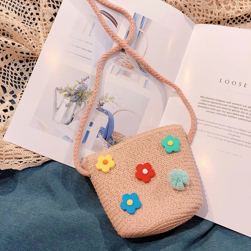 Flower Straw Bucket Bag Women Shoulder Messenger Woven Beach Travel Mini Purse