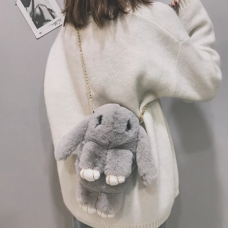 Cartoon Rabbit Chain Bag Fluffy Rabbit Fur Pompoms Sling Bag