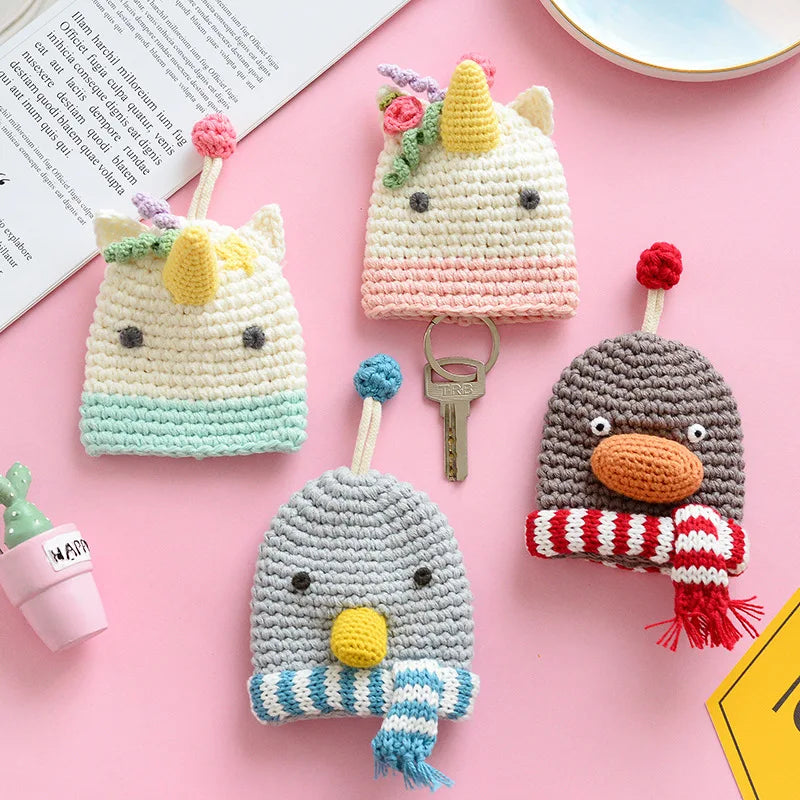 Cartoon Knitted Drawstring Key Bag Girls Key Protective Case Unicorn
