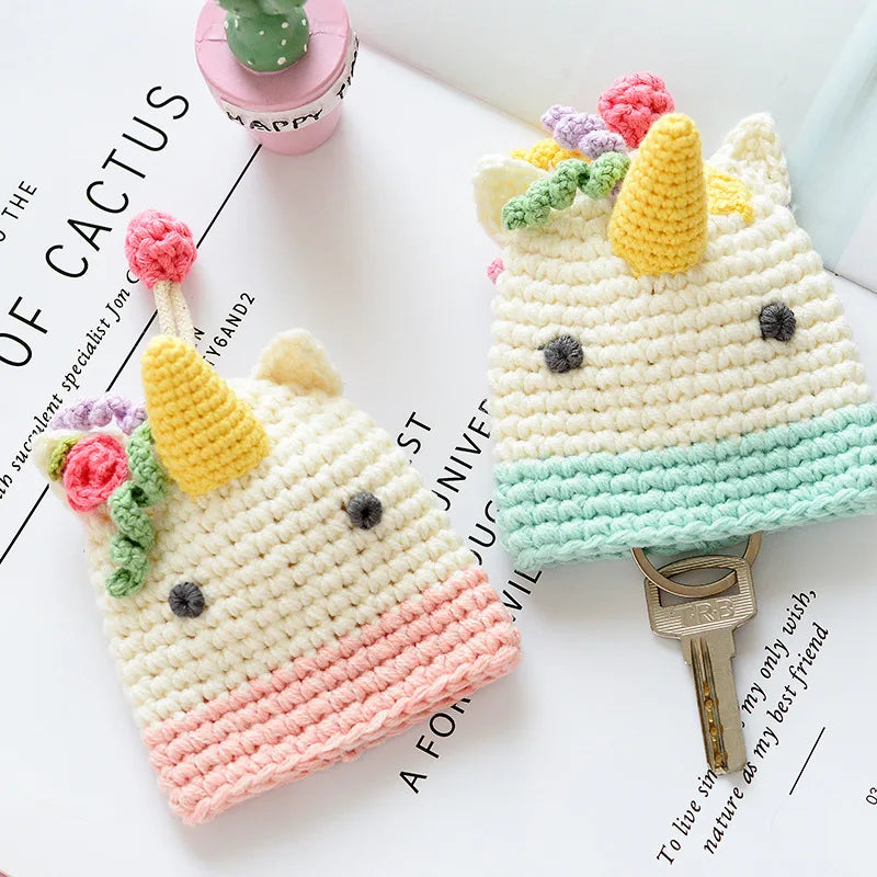 Cartoon Knitted Drawstring Key Bag Girls Key Protective Case Unicorn