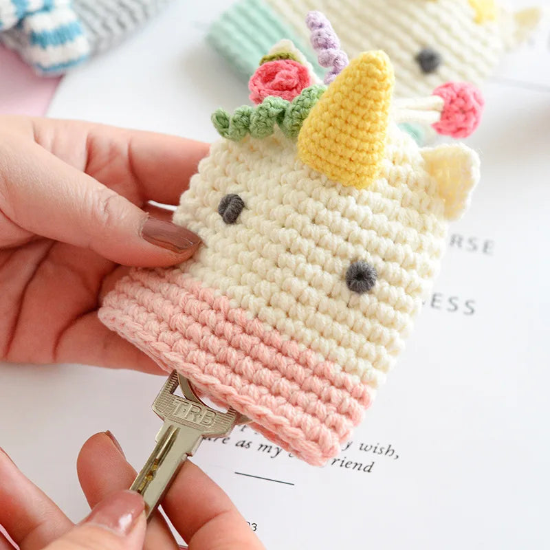 Cartoon Knitted Drawstring Key Bag Girls Key Protective Case Unicorn