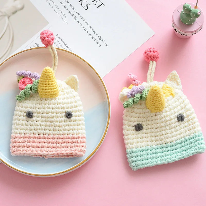 Cartoon Knitted Drawstring Key Bag Girls Key Protective Case Unicorn