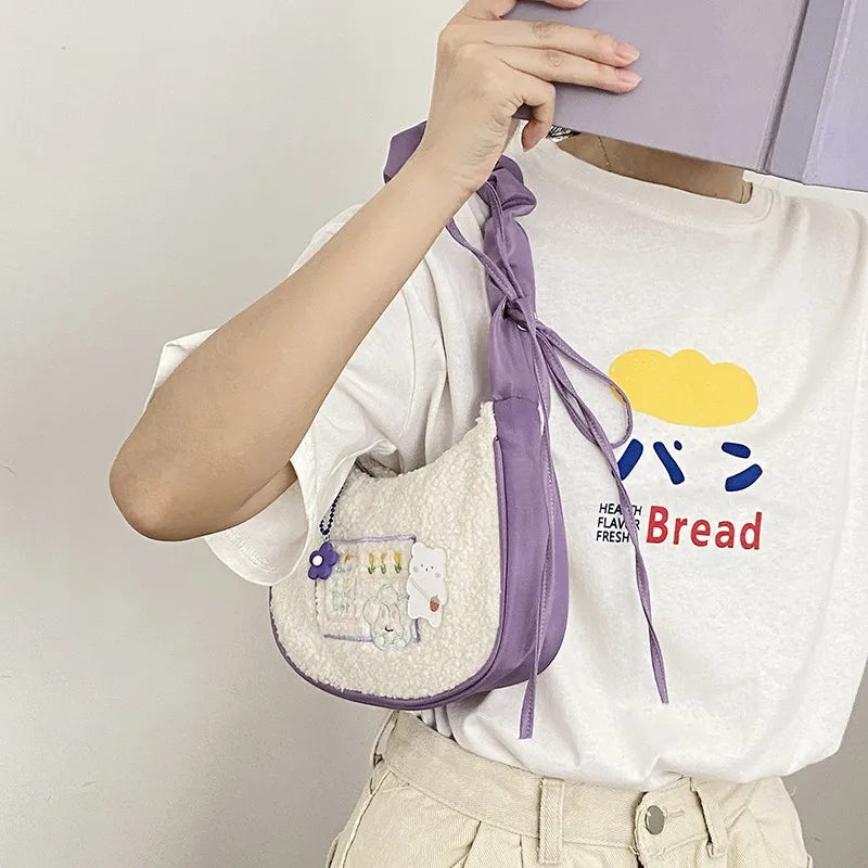 Flower Rabbit Embroidery Purple Underarm Bag Women's Tote