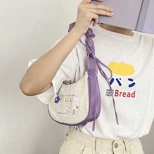 Flower Rabbit Embroidery Purple Underarm Bag Women's Tote