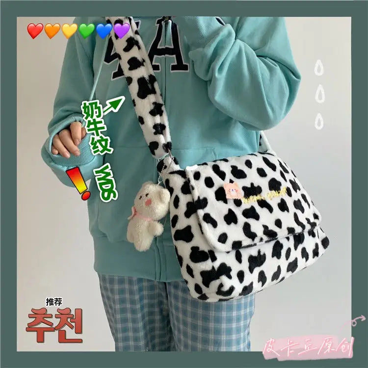 Plush Women's Flap Shoulder Bag Cow Pattern Handbag