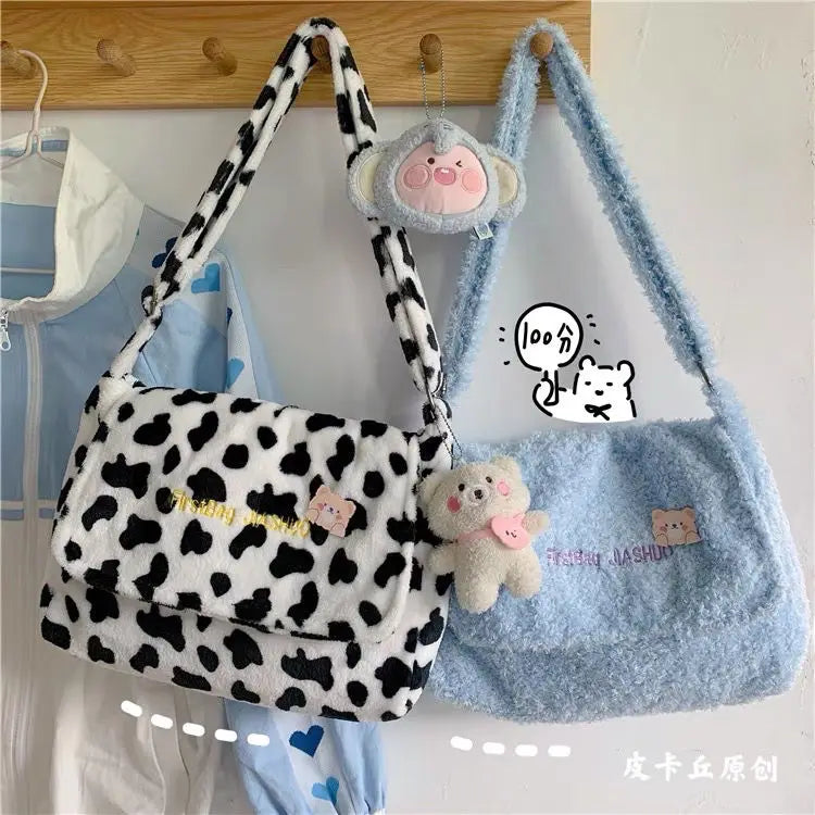 Plush Women's Flap Shoulder Bag Cow Pattern Handbag