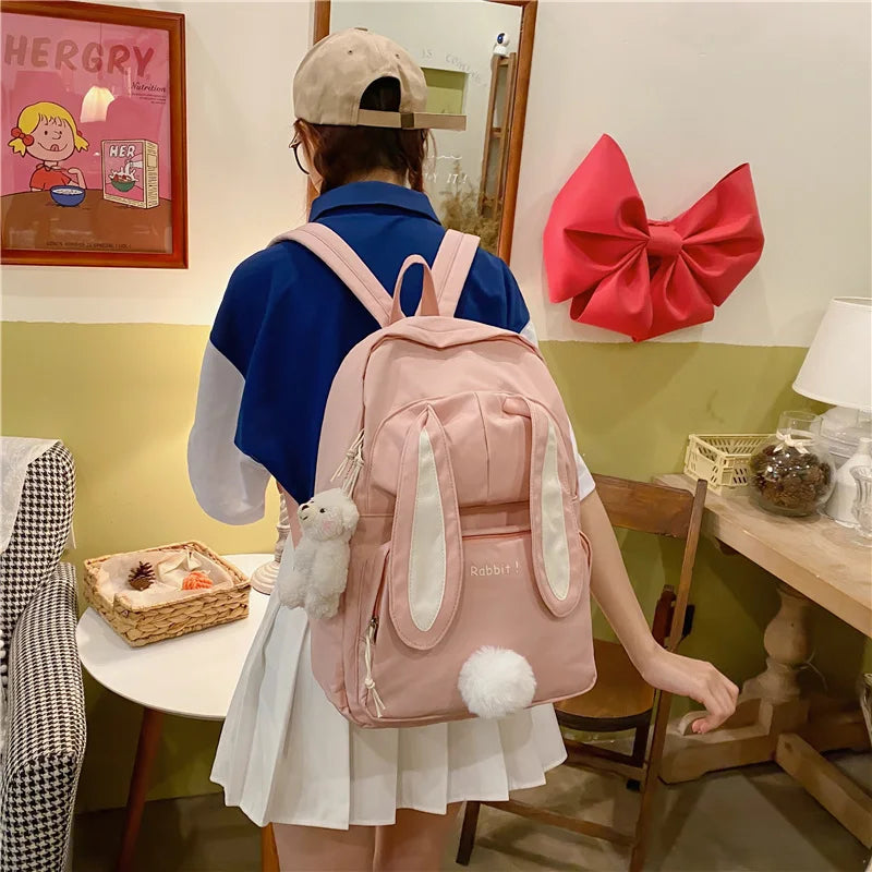 Rabbit Young Girl School Backpack Pink Women Bagpack Nylon Cartoon Schoolbag