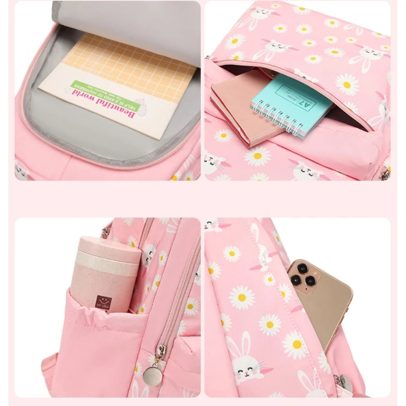 Flower Rabbit Print School Backpack Laptop Travel Bag for Teenagers
