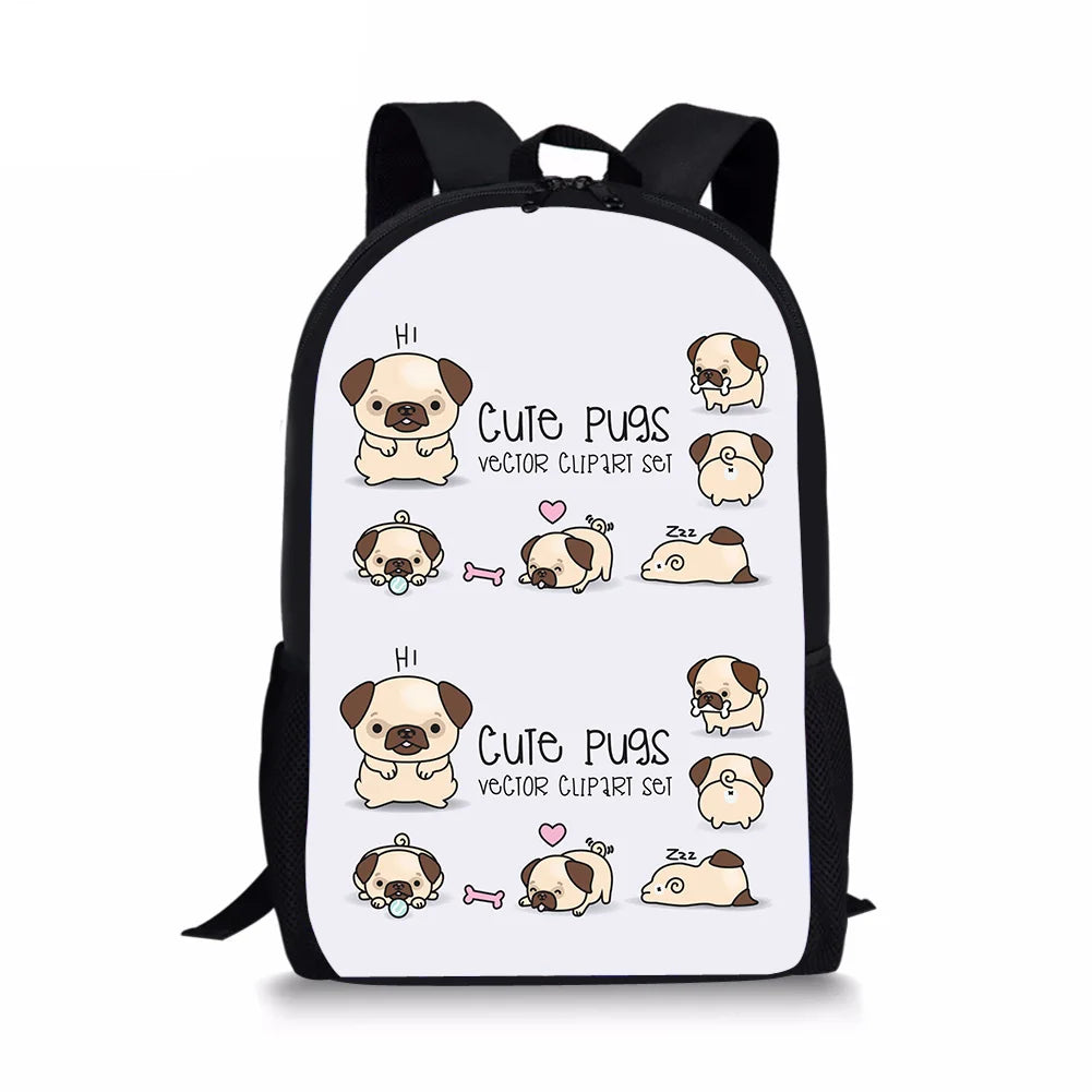 Kids Cartoon Pug Dog Print Backpacks For Children Teenage Girls Boys