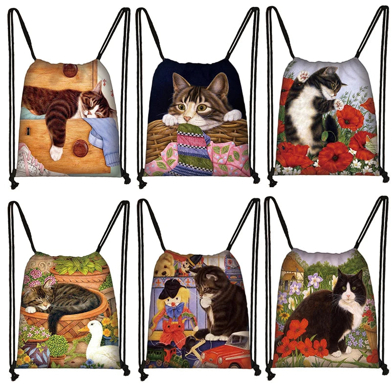 Cat Print Drawstring Bag Girls Women's Travel Storage Foldable Shopping