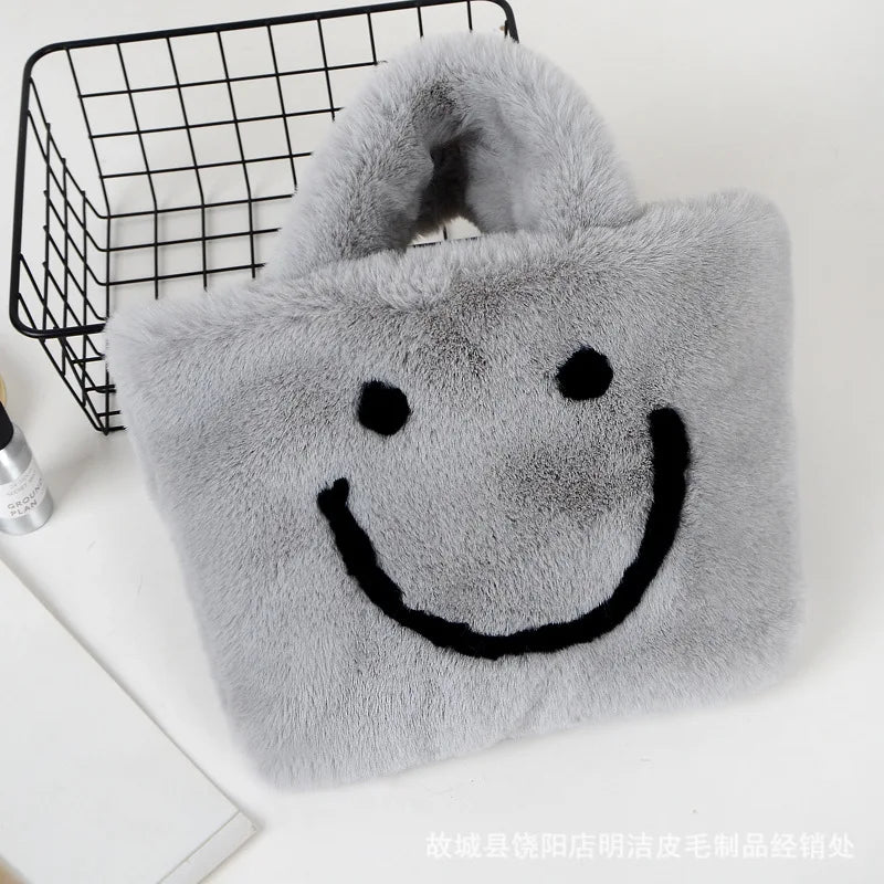 Smiley Face Women Plush Shoulder Bag Soft Faux Fur Chain Messenger Bag