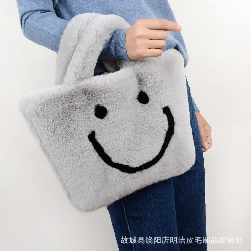 Smiley Face Women Plush Shoulder Bag Soft Faux Fur Chain Messenger Bag