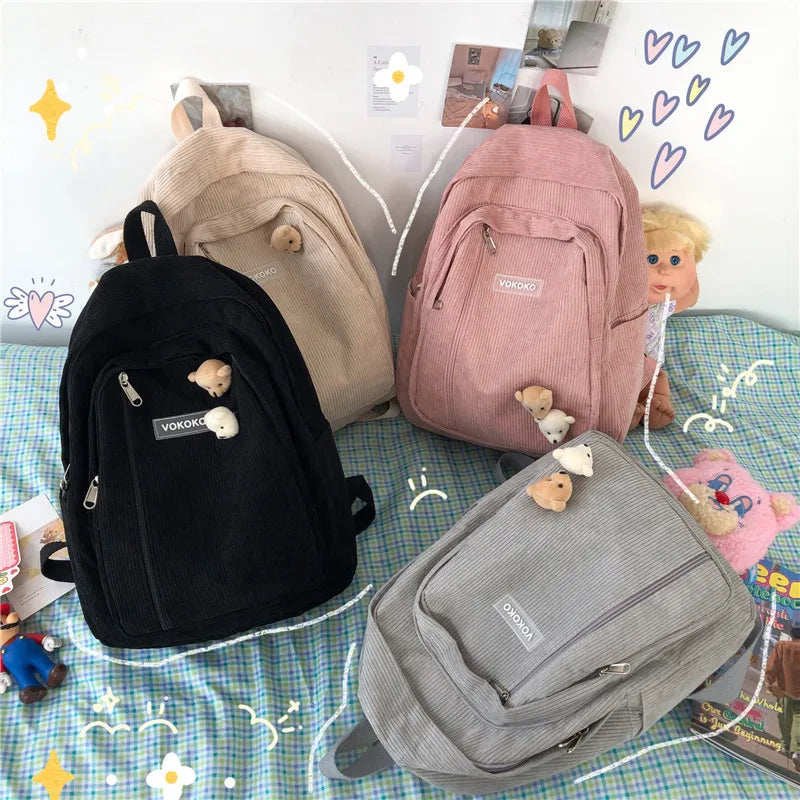Soft Corduroy Woman Backpack School Backpack for Teenage Girls
