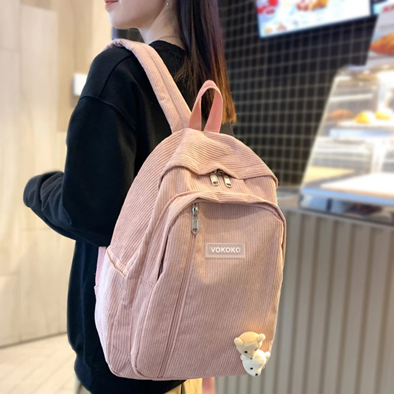 Soft Corduroy Woman Backpack School Backpack for Teenage Girls