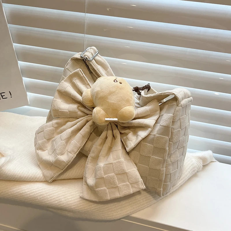 Soft Cotton Cloth Lady Shoulder Bag Summer Bow Plaid Shopper Bags for Women