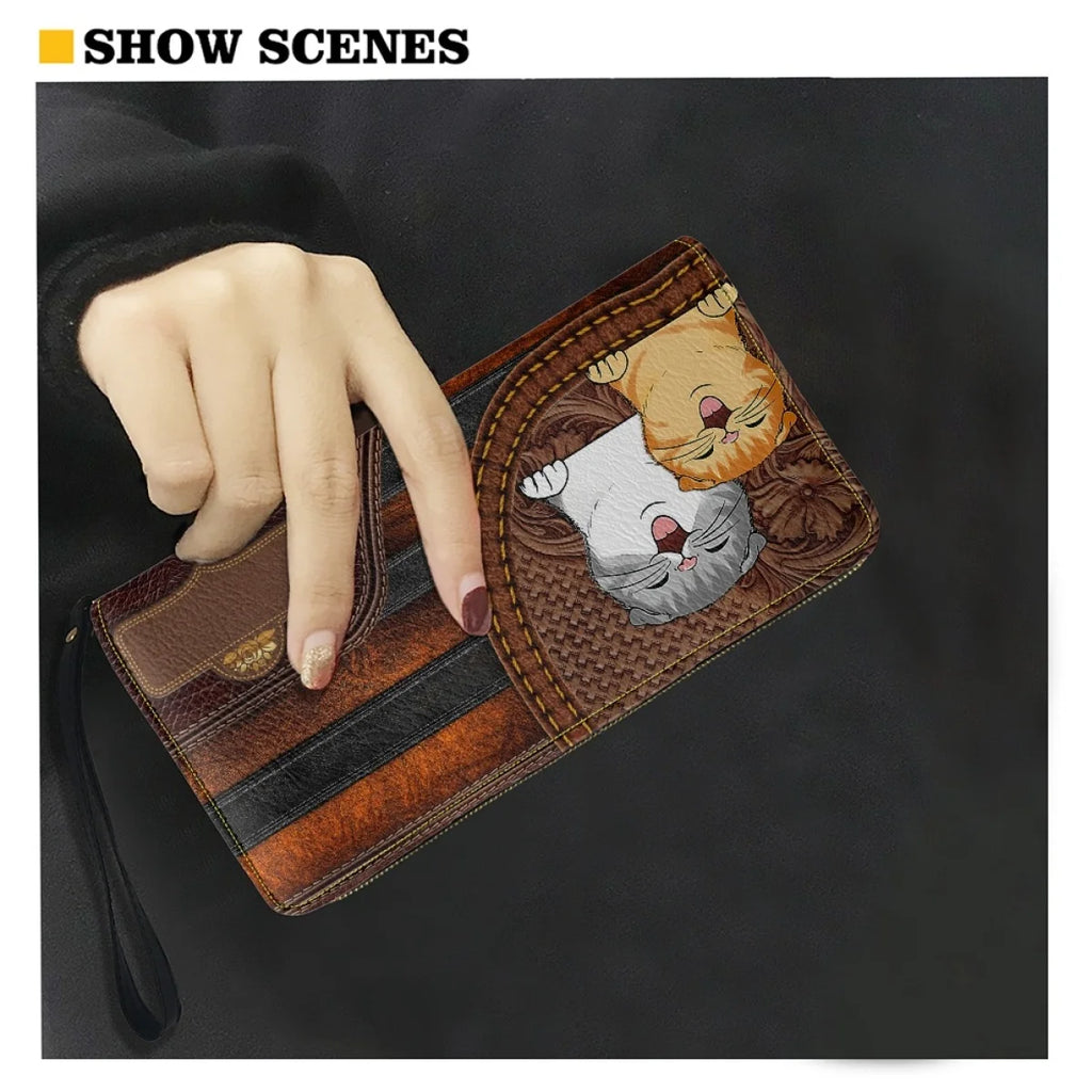 Cat Leather Purse Clutch Wallet Zip Around Cash Holder for Women