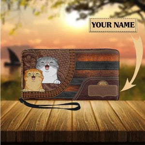 Cat Leather Purse Clutch Wallet Zip Around Cash Holder for Women