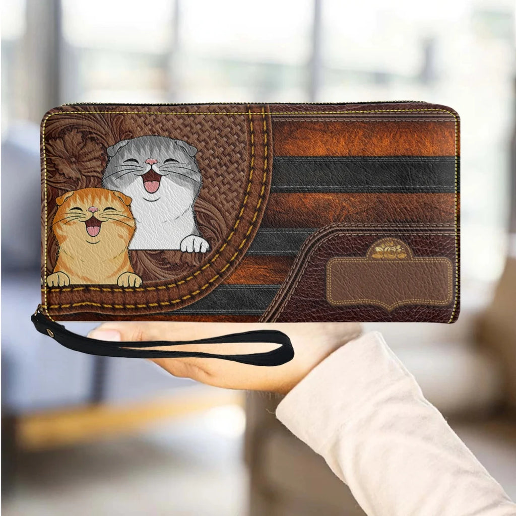 Cat Leather Purse Clutch Wallet Zip Around Cash Holder for Women