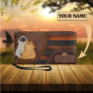 Cat Leather Purse Clutch Wallet Zip Around Cash Holder for Women