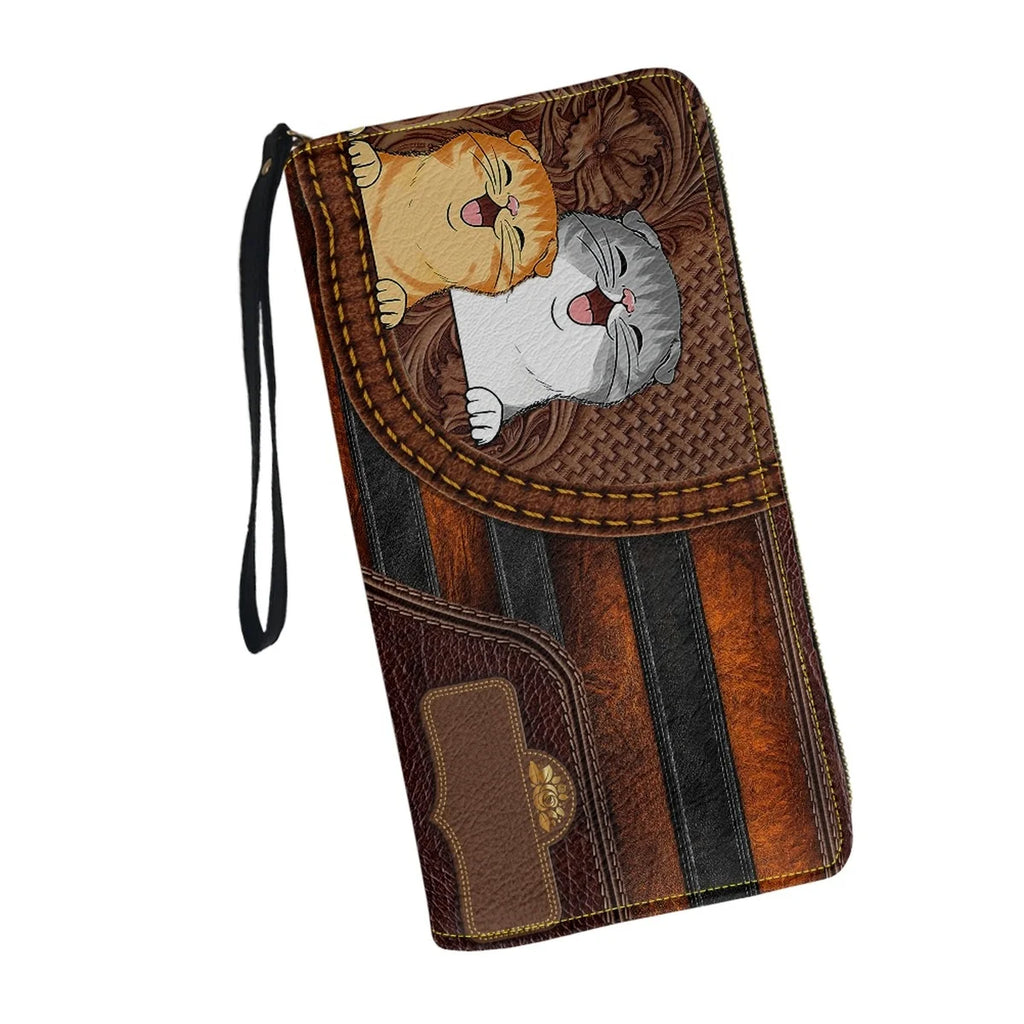 Cat Leather Purse Clutch Wallet Zip Around Cash Holder for Women